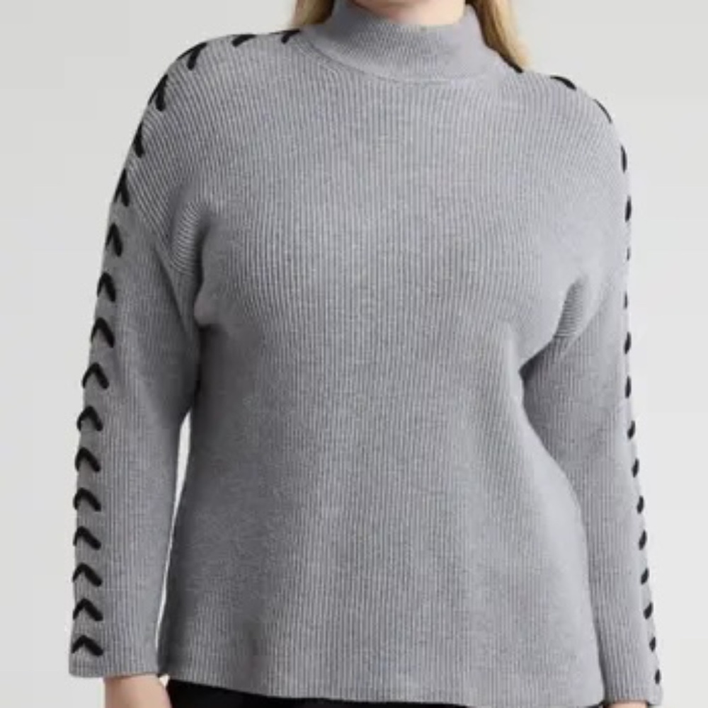 NWT T Tahari Woman knit sweater sz 3X grey ribbed chevron lace stitch mock neck